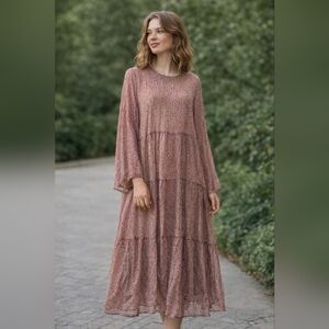 Floral Boho Sheer Calf-Length Dress Flowy Summer